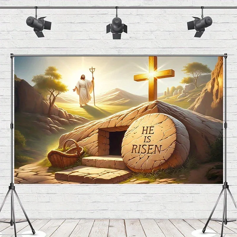 لافتة عيد الفصح الكبيرة المسطحة 2D "He is Risen" - زخارف حفلات الربيع الدينية مع مقبرة حجرية ومشهد البيض المرقط #2
