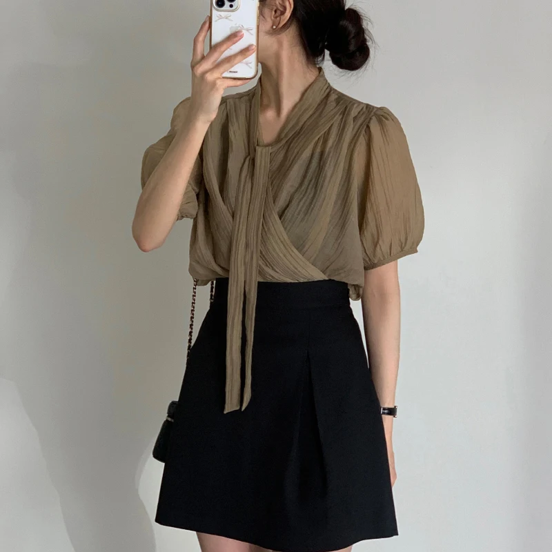 

3Colors Summer 2026 Korean Style Lace Up Chiffon Short Sleeve Shirt Loose Korea Elegant Blouse Female Outwear tops(hx9094