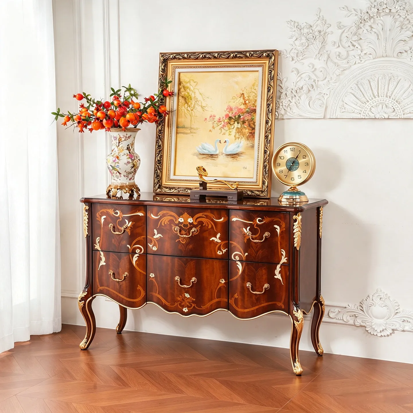 Solid Wood Carving Flower Bucket Cabinet American Retro Entrance High Cabinet Villa Large Capacity Light Luxury Storage Locker