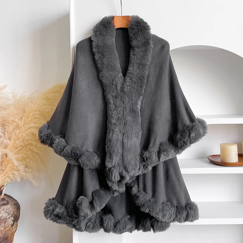 Neuer Winter-Umhang aus verdickter Nerzwolle mit vollen Borten, Kunstpelz-Umhang – Damen-Umhang mit Kapuze, lockerer Fleece-Umhang, Mantel, Partykleid, warm – Detail 5
