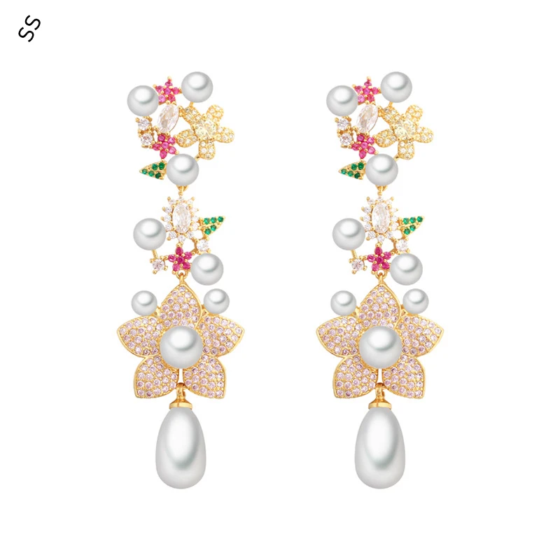 

Beautiful Women Earrings Flower Pearl Element Designed S925 Needle Pin Gold Metal Ear-pendant Pin Fashion Daily Accessories