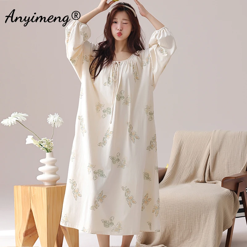 Spring Elegant Women Nightgowns Vintage Court Style Lady Dress Autumn Faux Cotton Nightdress Leisure Gorgeous Long Sleepshirt