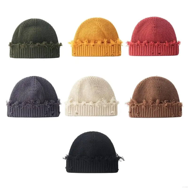 Trendy Ripped Knitted Hat Soft Unisex Streetwear Skull Hat Comfortable Winter F3MD