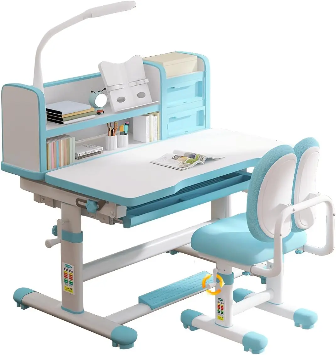 

Kids Desk and Chair Set 3-18 Years, Ergonomic, Height Adjustable, 3 Modes Light, with Desktop and Drawer