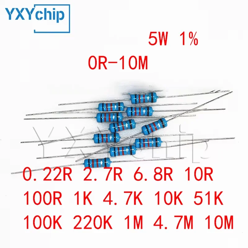 

10PCS 5W 1% Metal film resistor 0R-10M 0.22R 2.7R 6.8R 10R 100R 1K 4.7K 10K 51K 100K 220K 1M 4.7M 10M Ohm