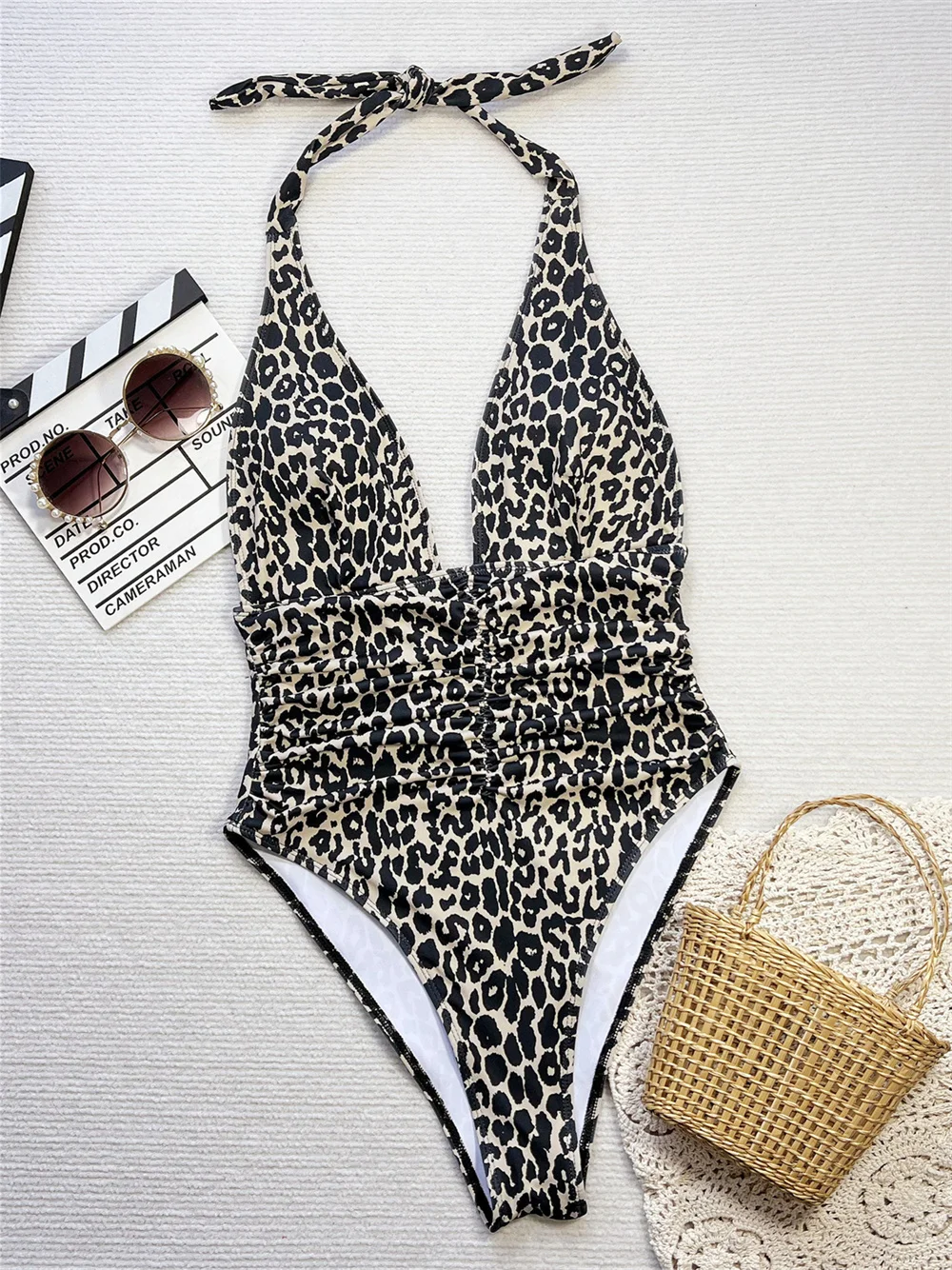 

High Waisted Pleated Deep V Bikini Backless Halter Vacation Swimsuit Women 1-piece Leopard Print Swimwear High-leg Beach Outfits