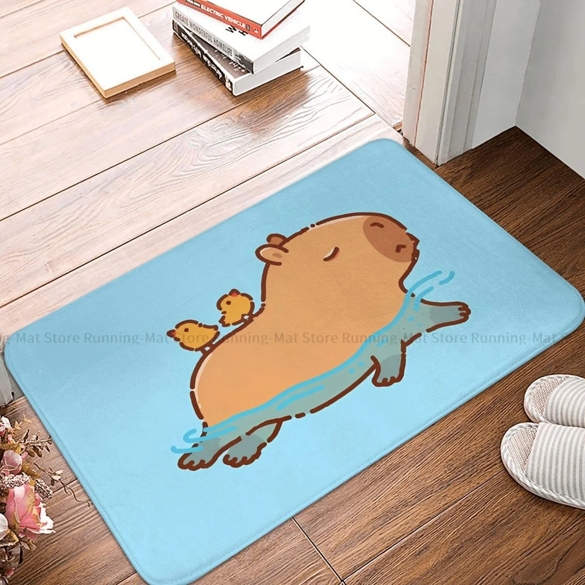 

Non-slip Doormat Bath Mat Capybara Swimming With Two Birds Balcony Carpet Welcome Rug Indoor Decorative