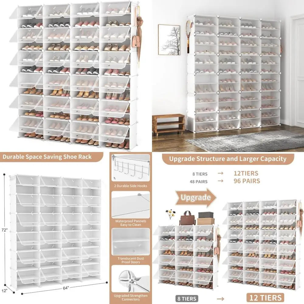 

Extra Large 12-Tier Plastic Shoe Organizer with 96 Pair Capacity and Portable Design