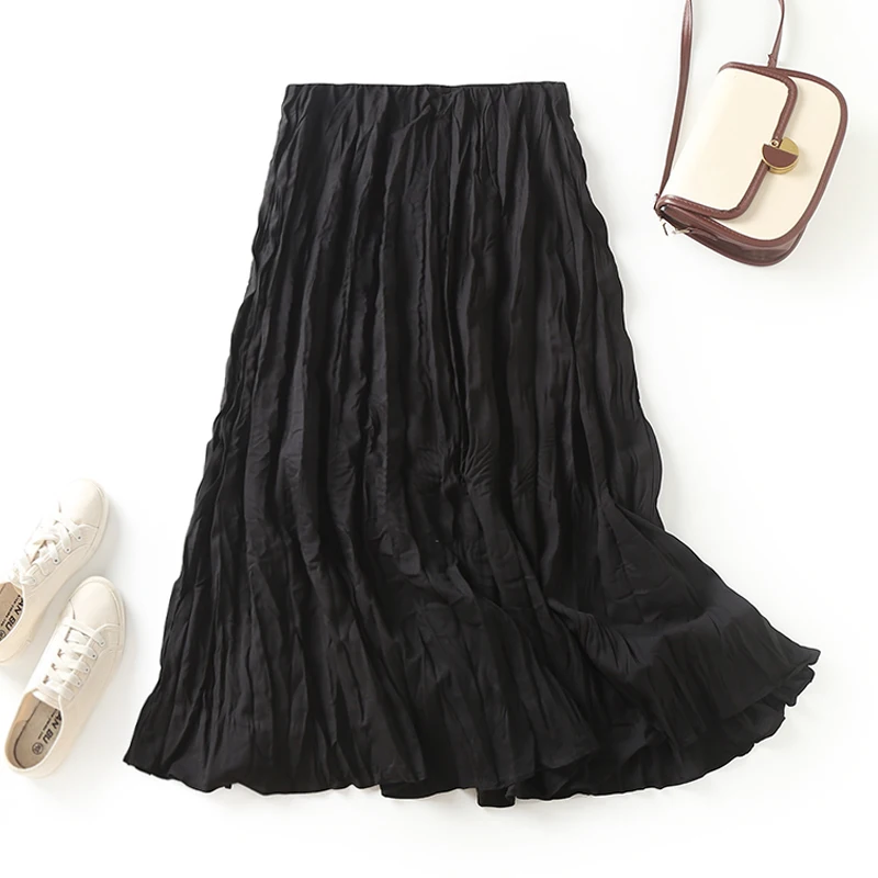 

mat Bla Textured f Skirt Women's Summer 23 New Sle A-Line Slimming Midi Skirt Commute High Waist Pure Color