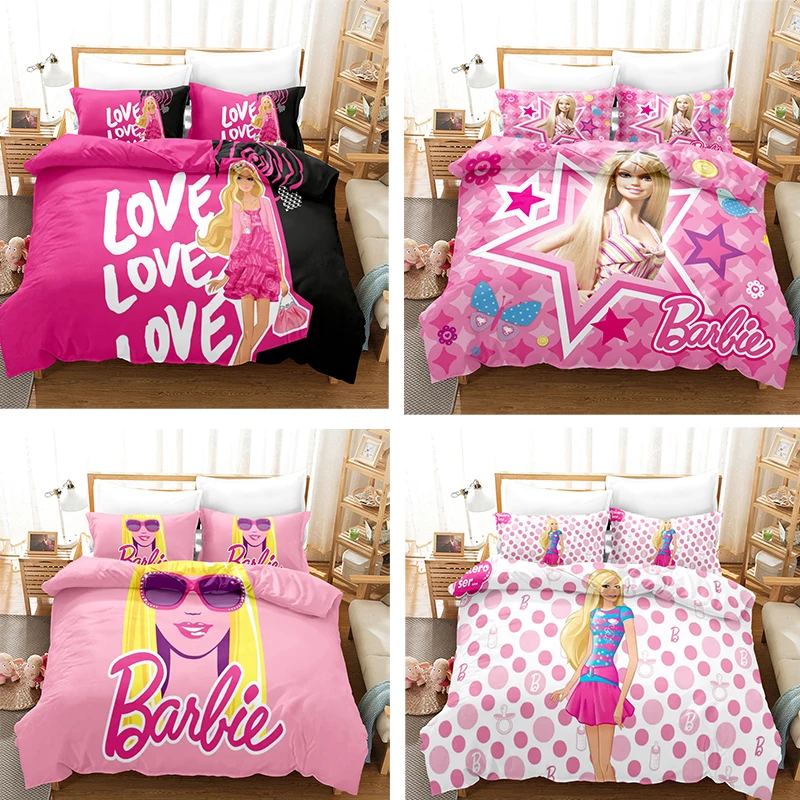 3Pcs Set Barbie Digital Printed Quilt Cover Kawaii Girls Princess Bedroom Pillow Cases Anime Cute Soft Bed Linings Pillowcase