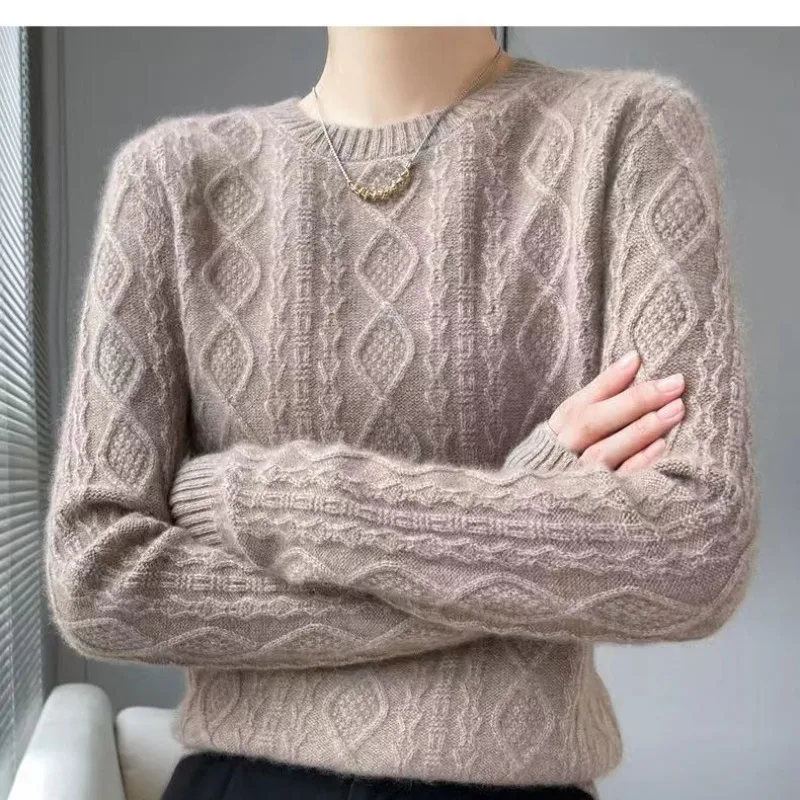 Gaya baru musim gugur dan musim dingin wanita padat longgar O-Neck lengan panjang rajutan penarik Sweater sekrup benang mode kasual atasan