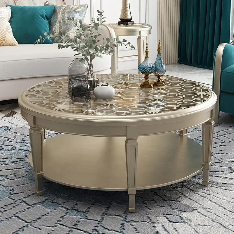 Light luxury coffee table American round modern simple small apartment tempered glass  round table solid wood