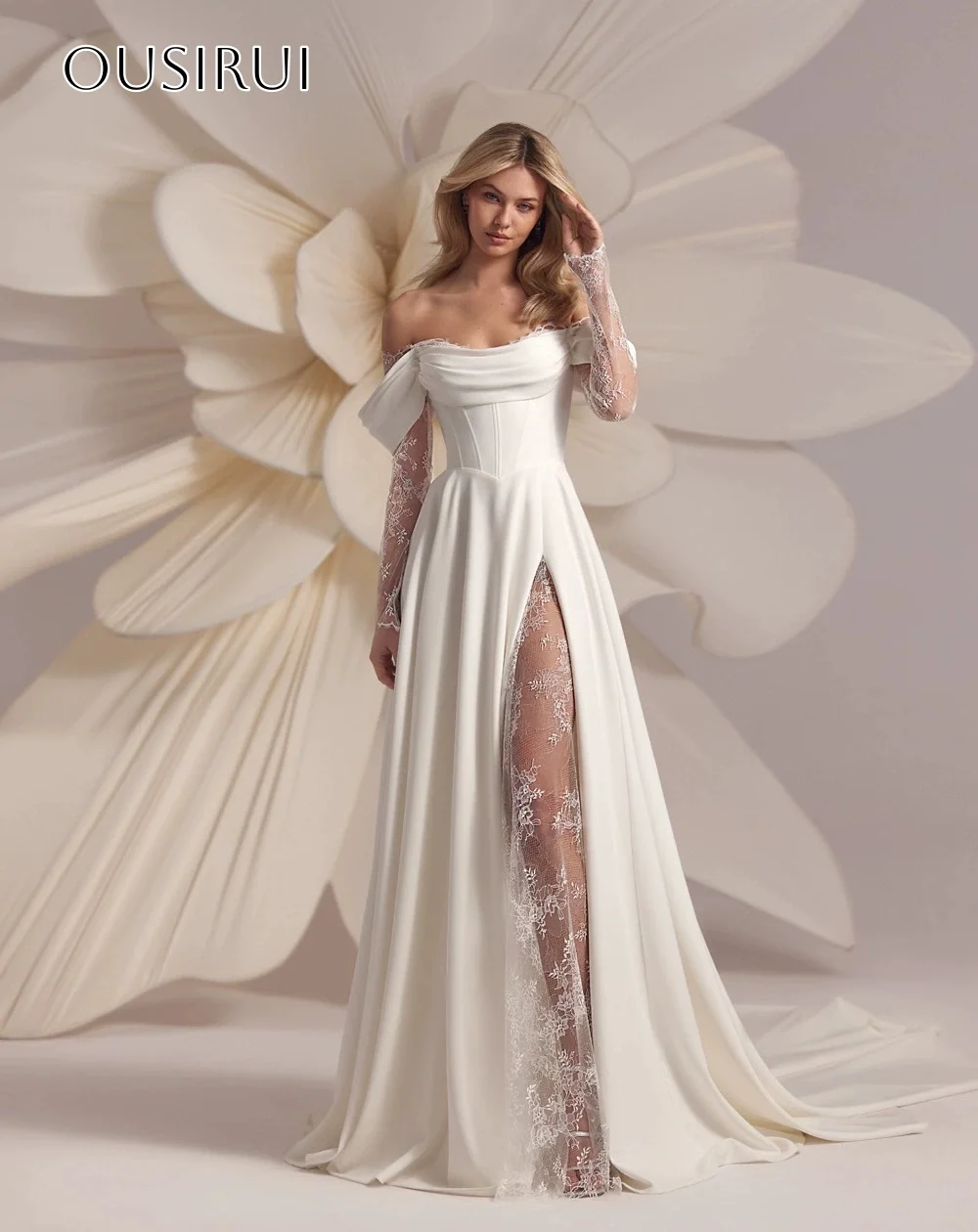오프숄더 프롬 드레스 레이스 긴 소매 쉬폰 스윕 트레인 코르셋 백 플리츠 파티 가운 맞춤형 웨딩 드레스