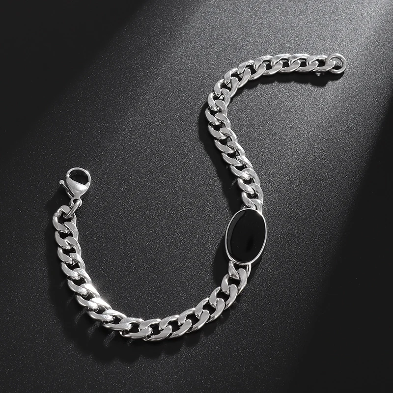 Men\\\'s Popular Stainless Steel Cuban Chain Bracelet Black Zircon Charm Cool Street Party Jewelry Gift
