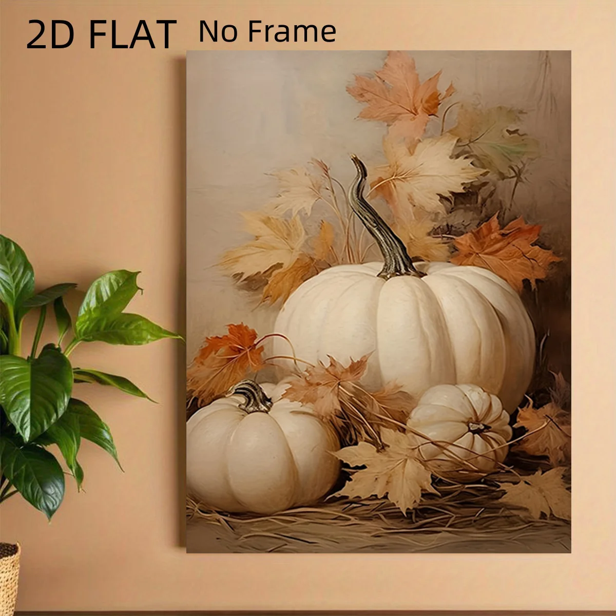 2D Flat, 2D Flat, 2D Flat No Frame Posters Modern Minimalist White Pumpkin And Falling Leaves Canvas Wall Art - Autumn Thanks