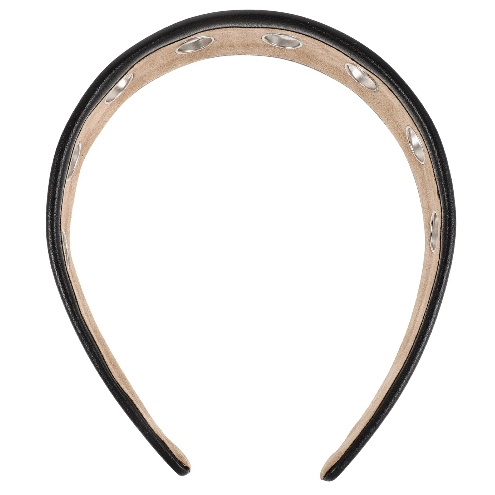 Wide PU Headband Women Punk Rock Cutout Circle Metal Grommets Non Slip Hair Hoop Decorative Hair Band
