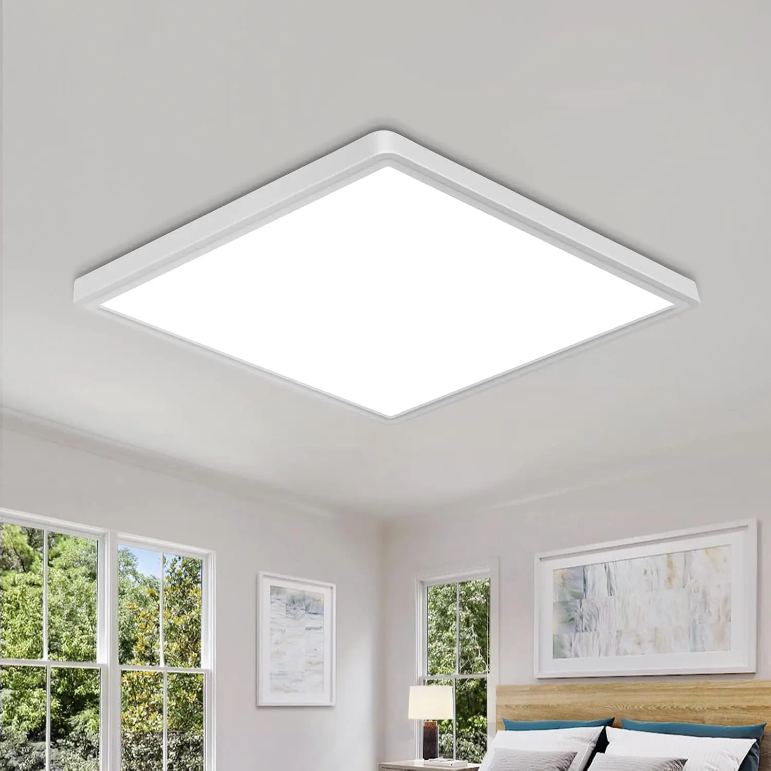 Modern Wood Grain Square LED Ceiling Light with Remote Control, Dimmable Color Temperature & Brightness, Flush Mount Lamp