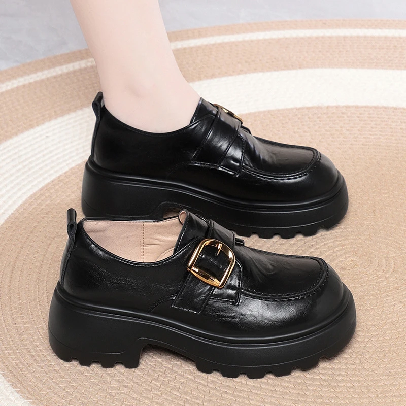 

Womens Brown Leather Platform Loafers With Gold Buckle Thick Non Slip Sole Comfortable Retro Casual Shoes For Daily Office Wear
