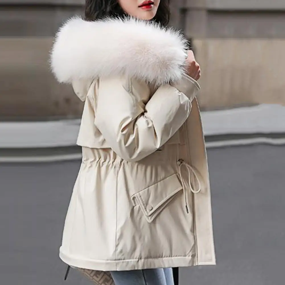 Trendy Women Coat  Pockets Skin-touch Winter Jacket  Velvet Lined Faux Fur Collar Hooded Women Mid-Length Coat