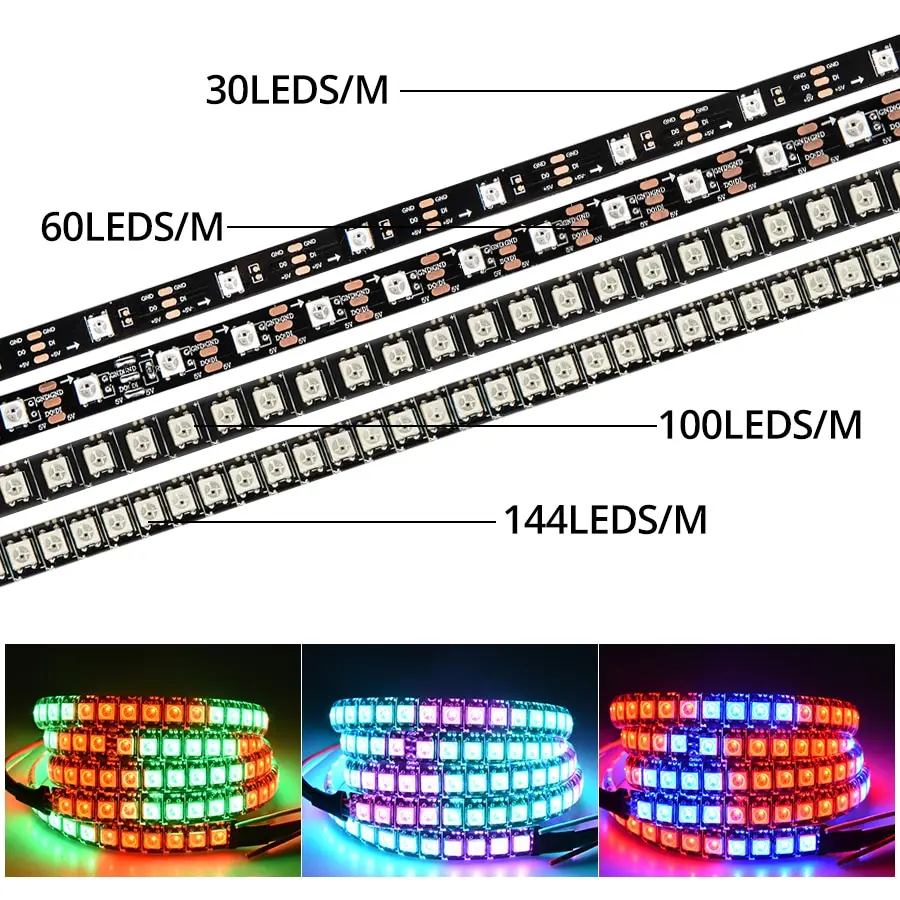 DC5V WS2812B piksel LED RGB diody na wstążce Smart IC adresowalny Neon taśma LED 1m 5m 30/60/144 LEDs/m czarny/biały PCB IP33/IP65/IP68