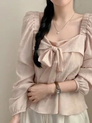

Chic Spring Fashion Square Collar One Shoulder Long Sleeve Shirt Women's Knot Belted Hem French Style Loose Bubble ...
