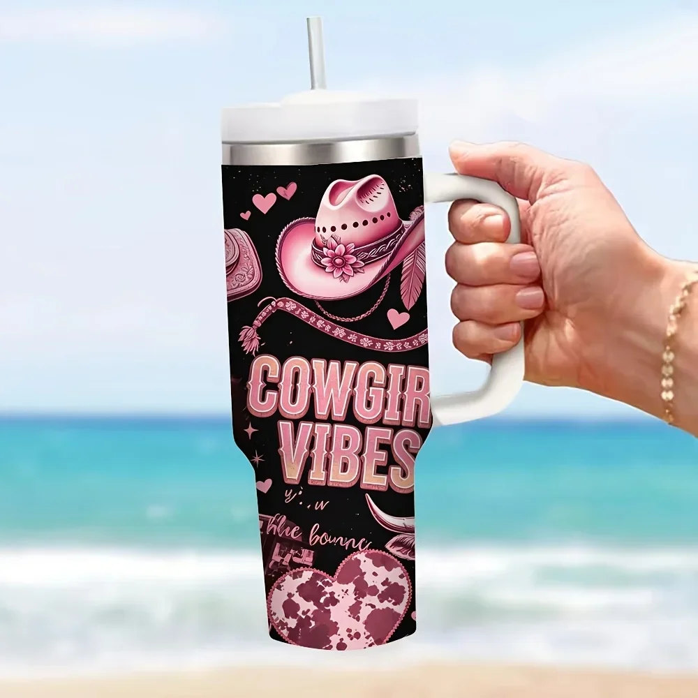 40oz Cowgirl Vibes Western Print Insulated Tumbler with Handle, Large Capacity Keeps Drinks Hot Or Cold, Ideal for Cowgirl Lovers for Outdoor Travel And Daily Use
