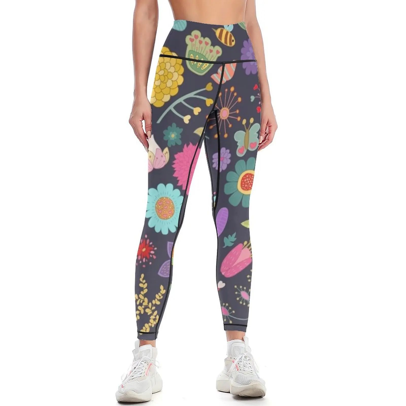 

Bright Colored Flowers Floral Design Pattern Background Leggings gym wear sports woman gym joggers for Womens Leggings