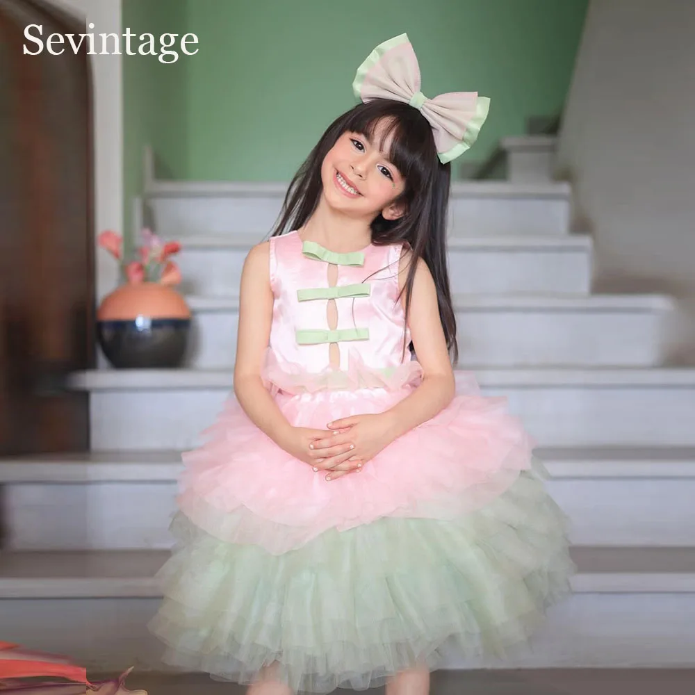 

Нарядные розово-зеленые платья для девочек Sevintage с цветочным узором, многоярусные, разноцветные, для принцесс, на день рождения, с бантом, бальные платья, 2026, на заказ