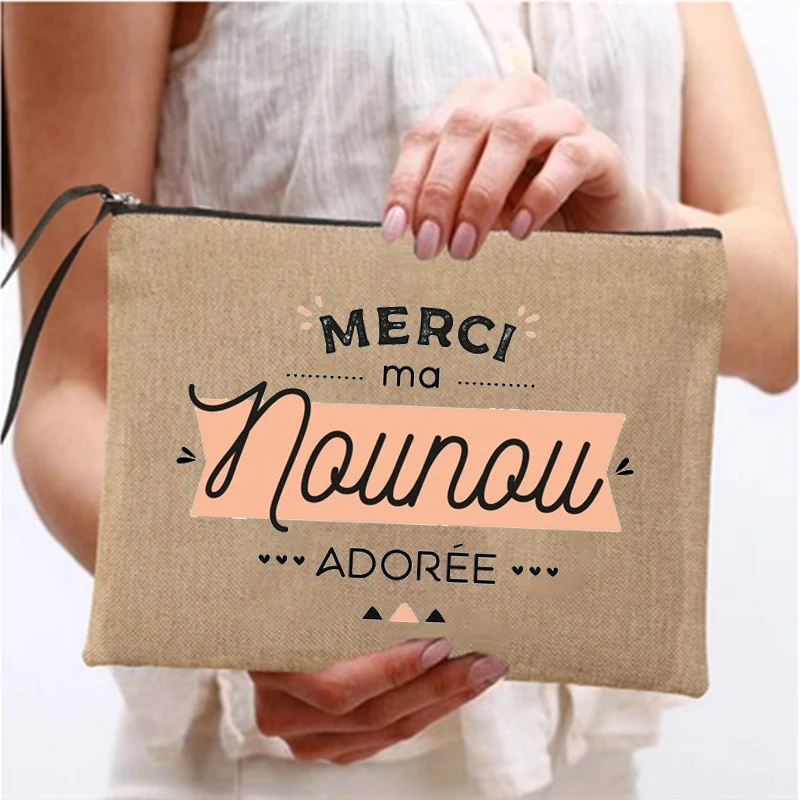 Merci Ma Nounou Adorée Print Cosmetic Bag Women Neceser Makeup Bags Linen Zipper Pouch Travel Toiletries Organizer Nounou Gifts