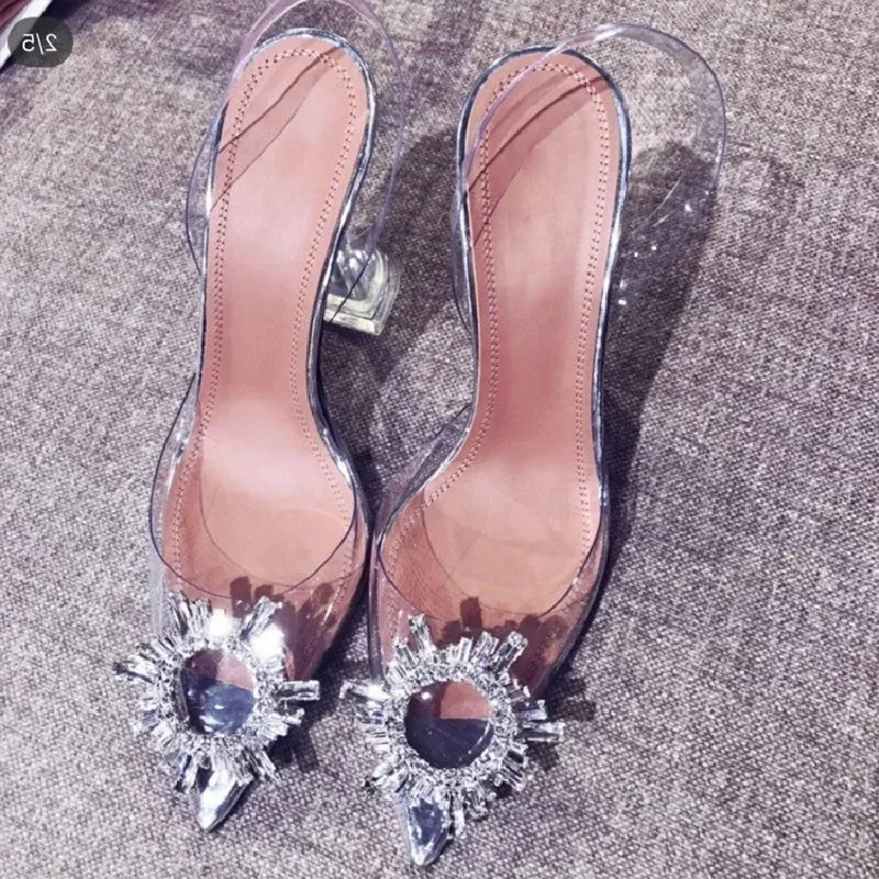 Aneikeh Lady Transparent PVC Slingback Heels Pointed Toe Crystal Rhinestone Sunflower Buckle Clear Heel Sandals Party Pumps Shoe