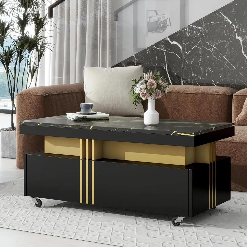 Coffee Table with Faux Marble Top, Modern Center Table with 2 Drawers & Caster Wheels, Contemporary Luxury Cocktail Table with