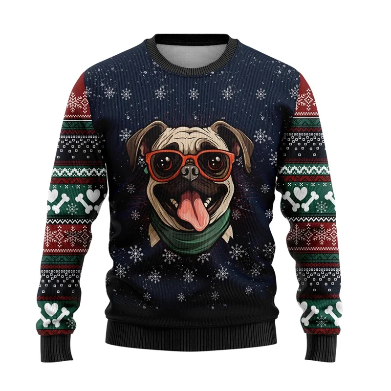 Kawaii Panda Pug 3D Print Unisex Long Sleeve Sweater Funny Animal Crewneck Sweatshirts Casual Ugly Christmas Pullovers Cute Tops