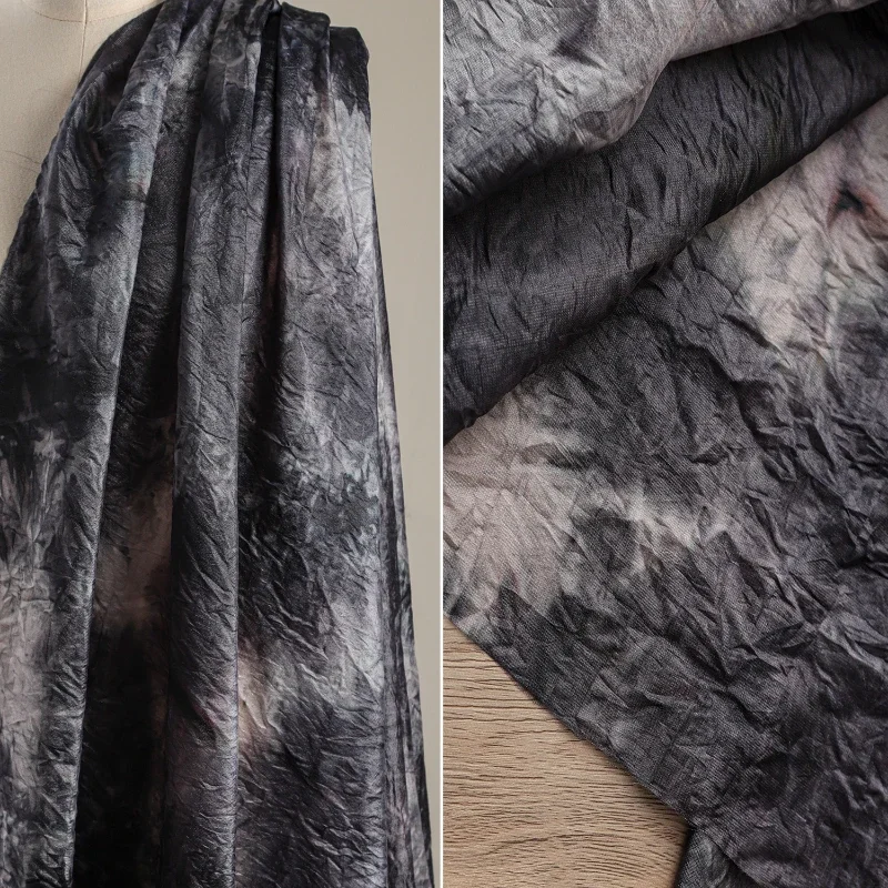 Micro Wrinkled Chiffon Heavy Ink Tie Dye Fabric Creative Irregular Folds Retro Cardigan Dress Clothing Designer Fabric