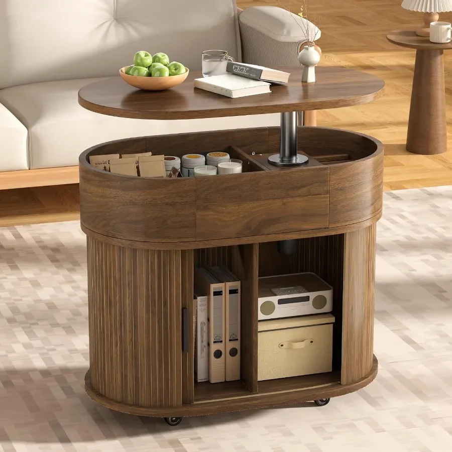 Fluted Oval Lift Top Coffee Table with Storage, Rotating Tabletop and Wheels