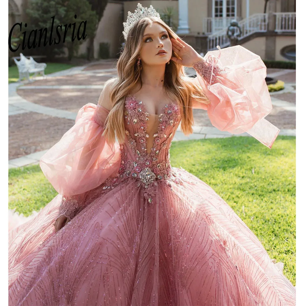 สีชมพูปิด Quinceanera ชุดชุดไปงานเต้นรำวันเกิดชุดลูกไม้-Up Sparkly Vestidos De 15 Quinceañera