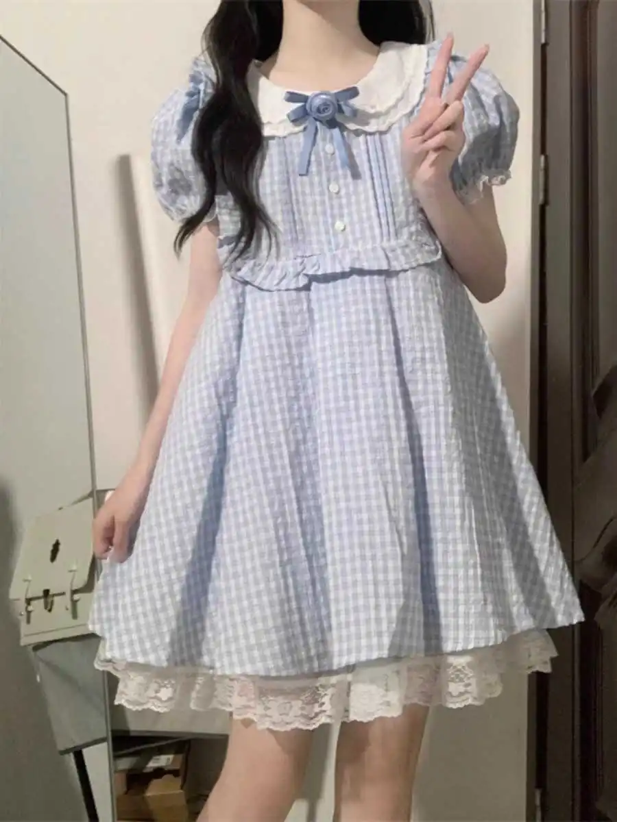 

Летнее платье в стиле Sweet Style с кукольным воротником, уникальный дизайн, высокая талия, рукава-фонарики, универсальная одежда, юбка А-силуэта, короткое платье