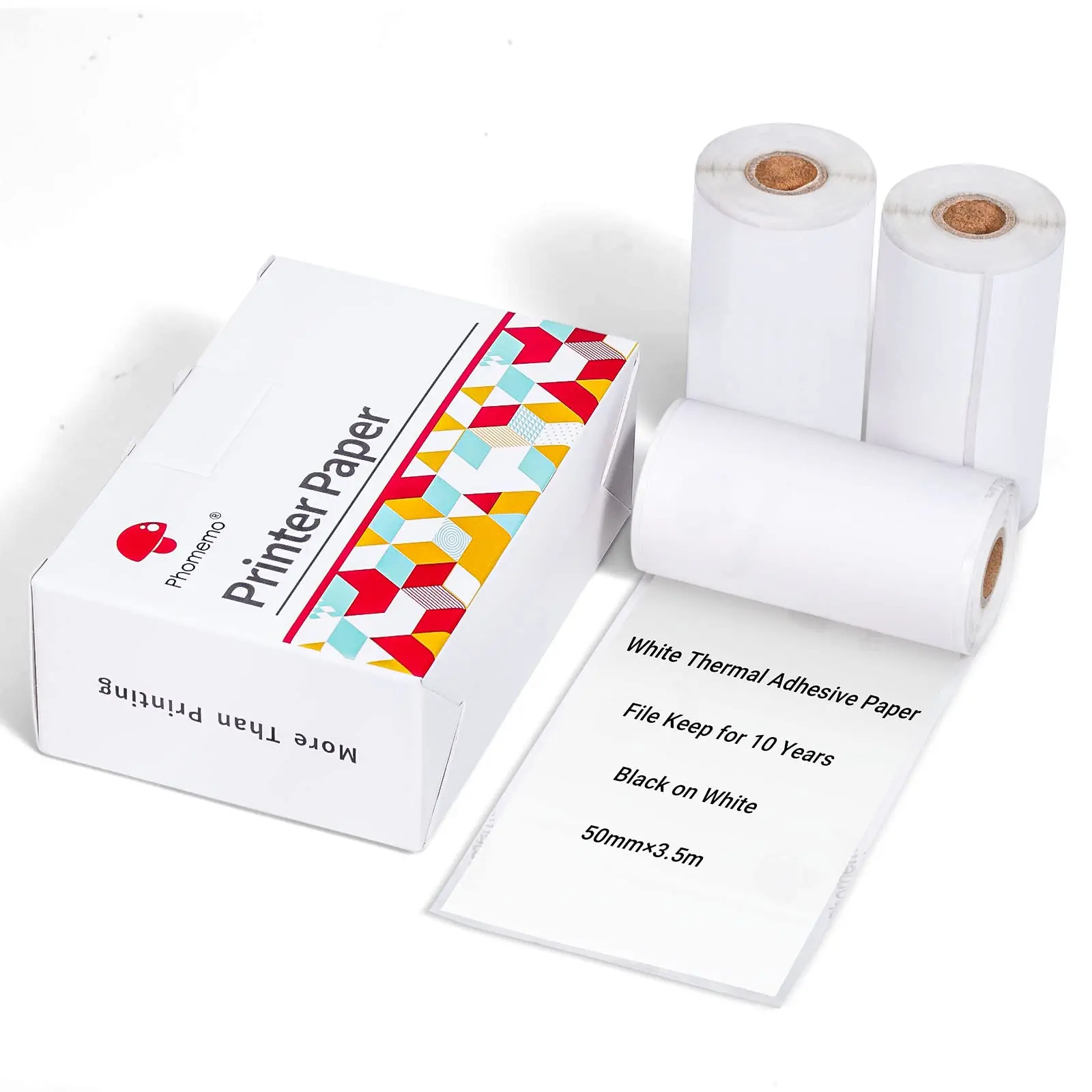 T02 Sticky White Thermal Paper for Phomemo T02 Mini Pocket Printer Self-Adhesive Paper-10-Years-50mmx3.5m White Paper 3 Rolls