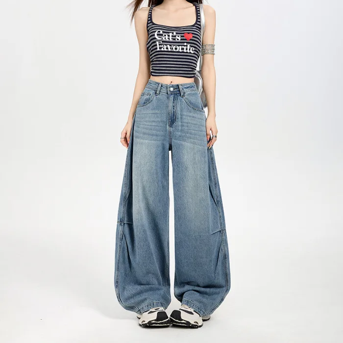 Nouveau jean à jambes larges à la mode et Simple pour femmes au printemps et en été, jean rétro américain décontracté respirant en forme de croissant