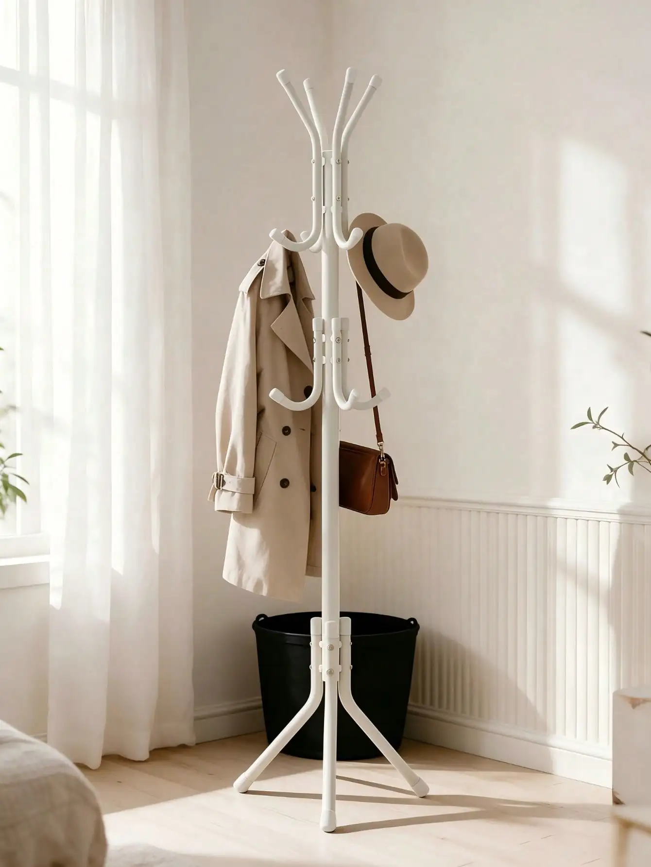 Multifunctional Freestanding Metal Tripod Coat Rack (with 12 hooks, ) — Entryway Coat Stand, Suitable for Bedrooms and Offices