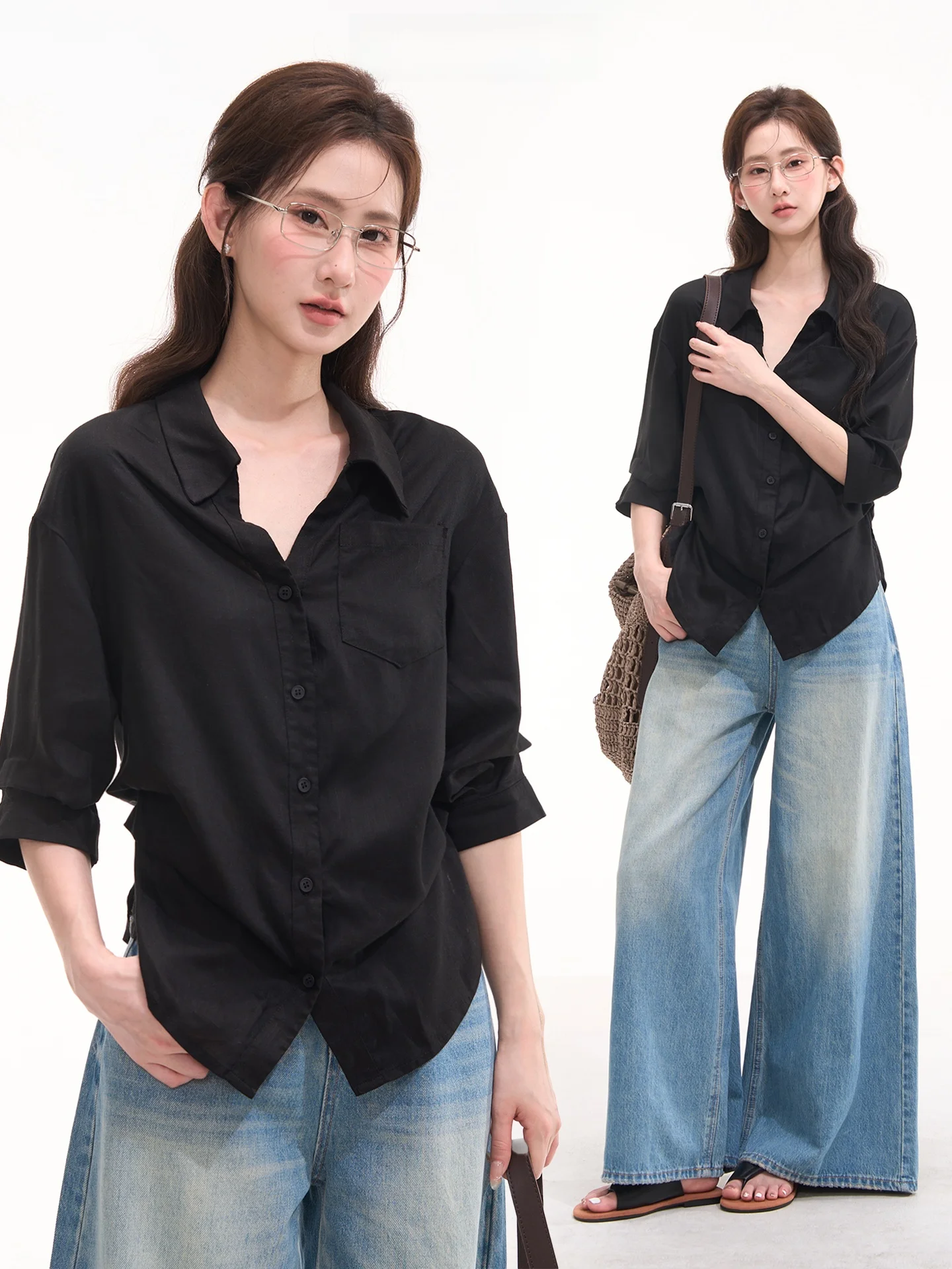 

Original Hemingway Window Korean Style Simple Commute Lyocell Linen Women's Shirt Summer Top Loose Fit Regular Sleeve