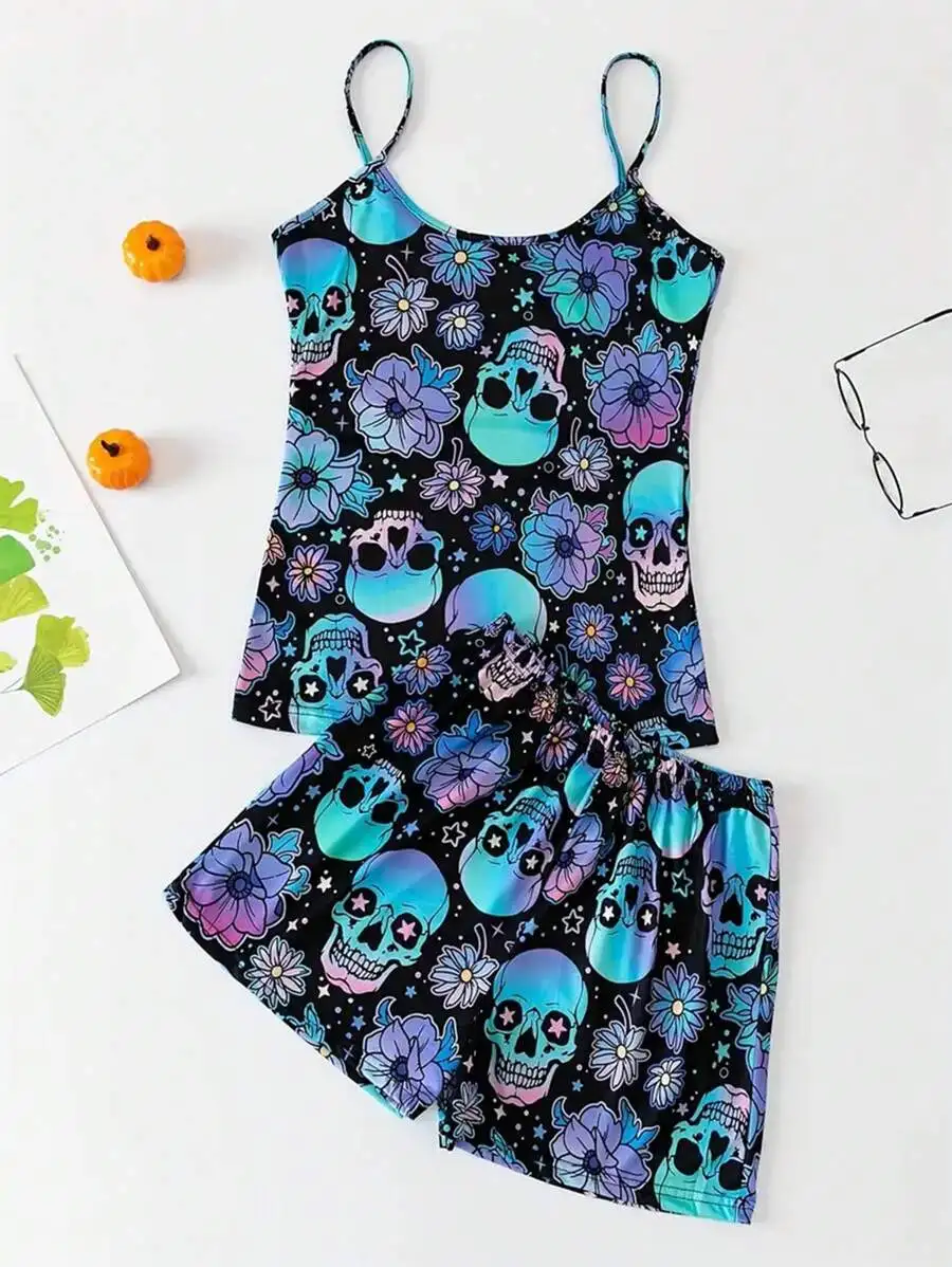 

2 Pieces Women Pajama Set Blue Skull Floral Print Cami Top Shorts Sleepwear