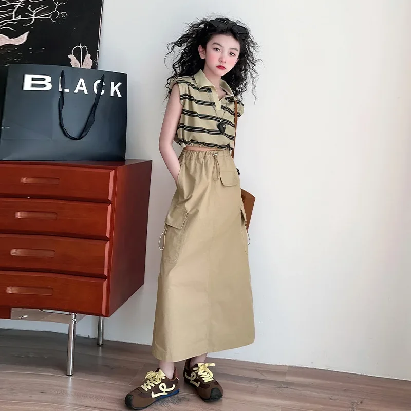 

Shirt Cargo Skirt 2pcs Sets Casual Teen Children Outfits Girls Clothes Suit Summer New Kids Girl Striped Polo Collar Sleeveless