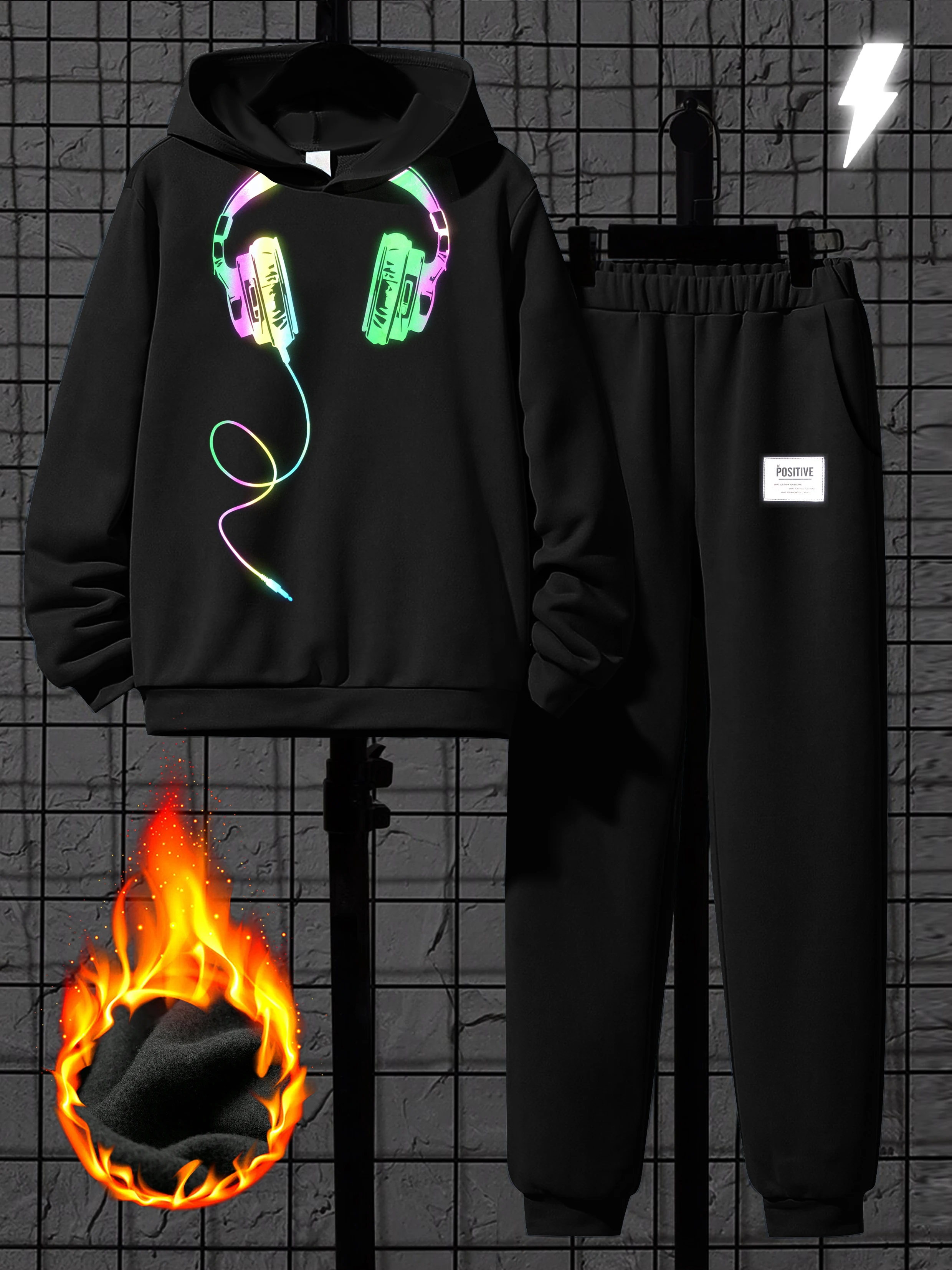 2Pcs Boys Hoodie Set Fashionable Laser Earphone Print Long-Sleeve Hoodie & Sports Pants Comfortable Daily Outfit for Kids