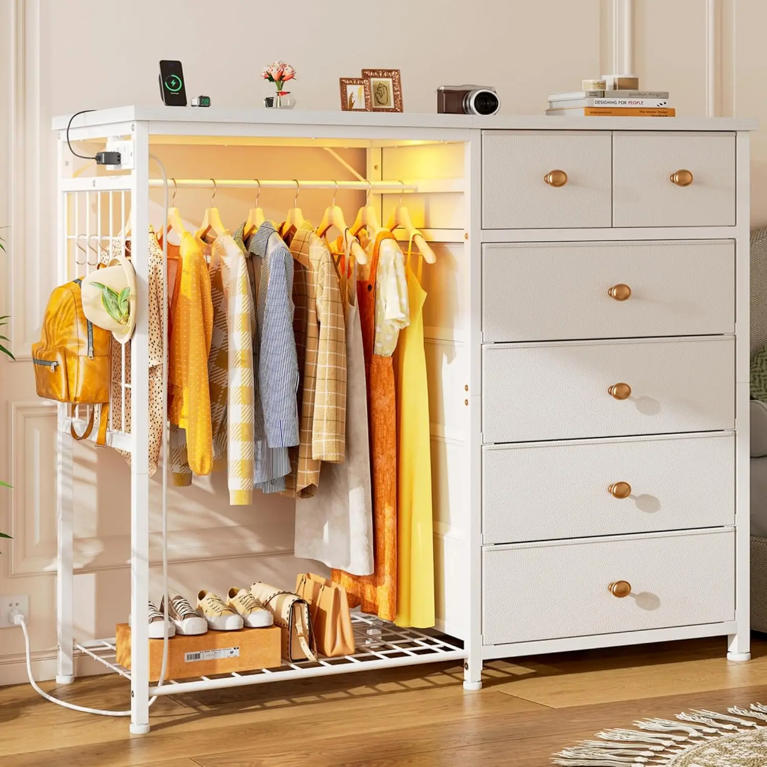 

49.2" W White Dresser for Bedroom with Hanging Rack Dresser for Closet,6 Drawer Dresser with LED Lights & Charging Station