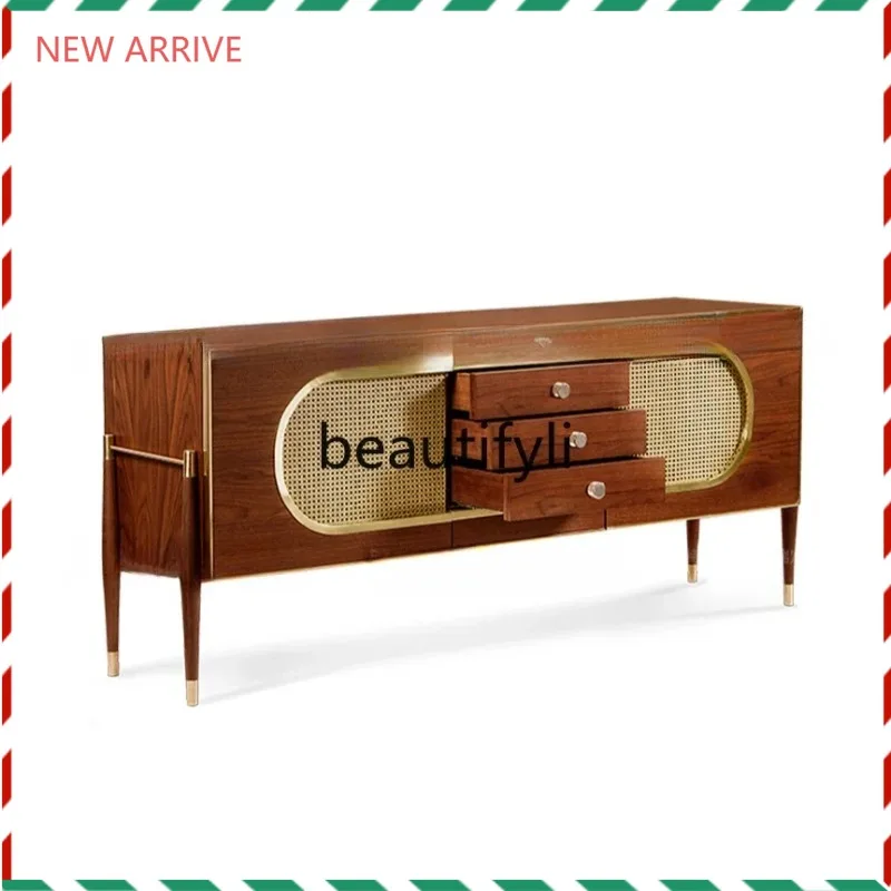 

D2520 Italian light luxury dining side cabinet Nordic solid wood stainless steel rattan storage cabinet Homestay entrance cabine