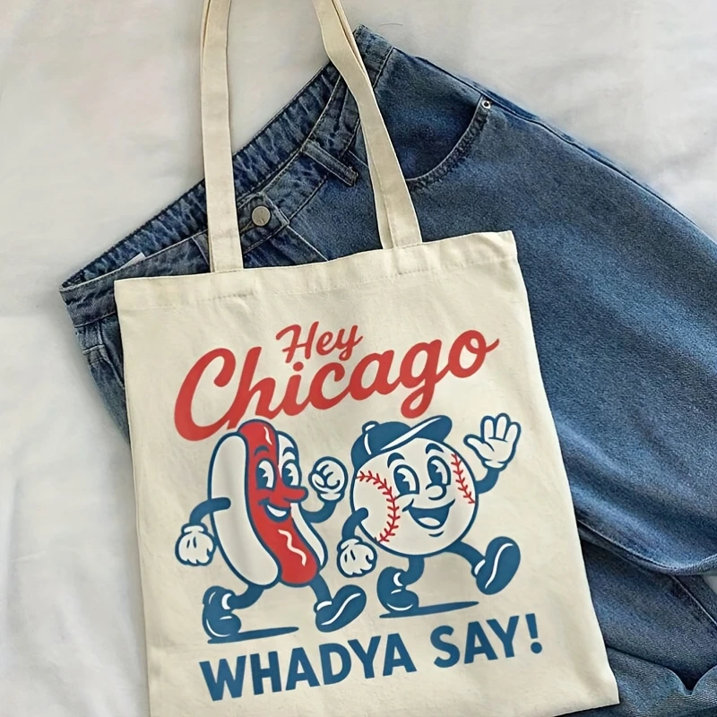 1 pieza Hey Chicago, ¿qué dices? Bolsa de compras con estampado de béisbol Chicago Hot Dog, adecuada para uso diario, compras, escuela, viajes