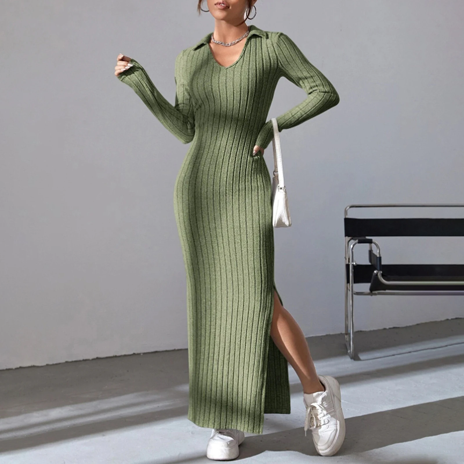 Women\'s Fall Winter Knitted Dress Long Sleeve Lapel Collar Solid Color Bodycon Long Dress Going Out Dress