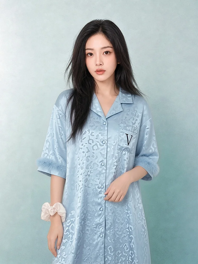 

Blue Leopard Print Sleepwear Set Women's Summer Ice Silk Home Clothes Short Sleeve Soft Polyester Blend Moisture Wicking