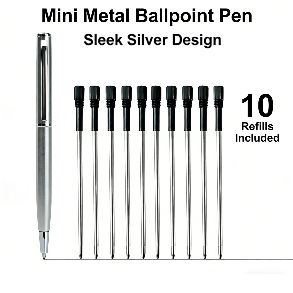 Mini Stainless Steel Metal Ballpoint Pen with 10 Replacement Refills Set, Portable Pocket Ballpen Compact Short Pen for Wallet image 6