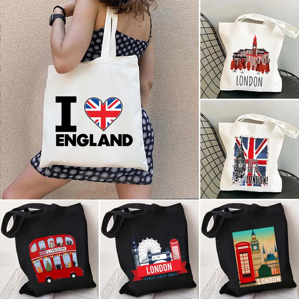 Big Ben England Feel Map Sac fourre-tout réutilisable pour femme, sac à main de grande capacité, style britannique, paysage de bus de Londres, sac initié